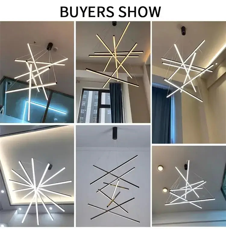Modern geometric DecorBites™ led stair ceiling chandelier with intersecting white and black illuminated rods for living room