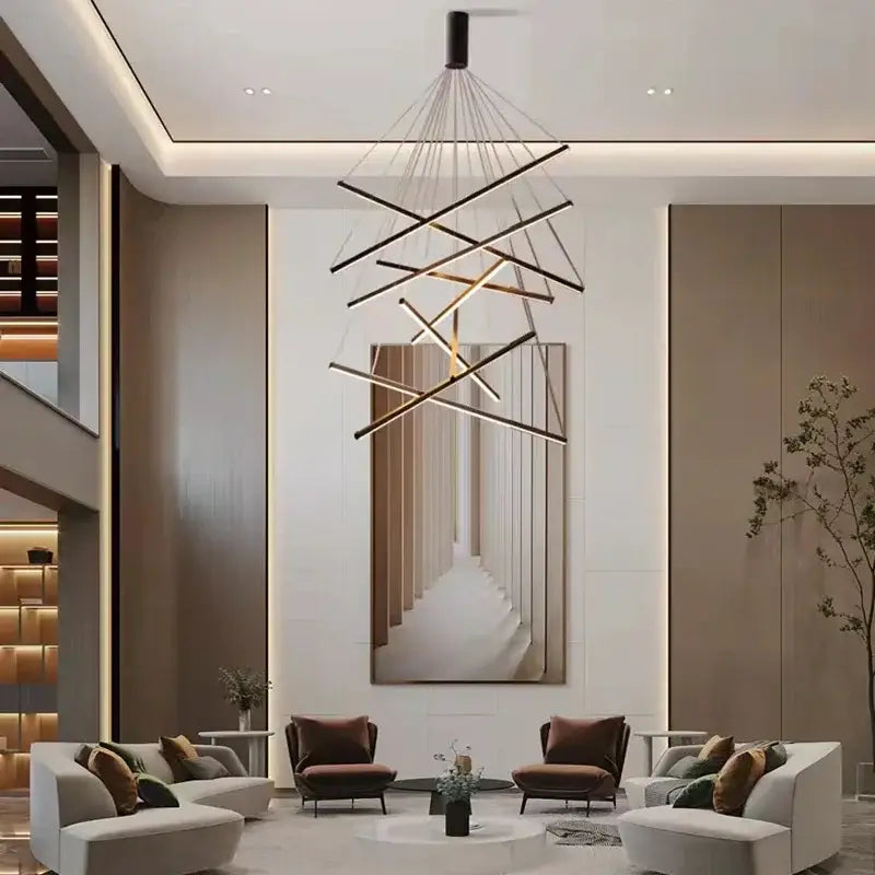 Modern geometric DecorBites™ stair ceiling chandelier with intersecting black and gold rods for living room ceiling chandelier