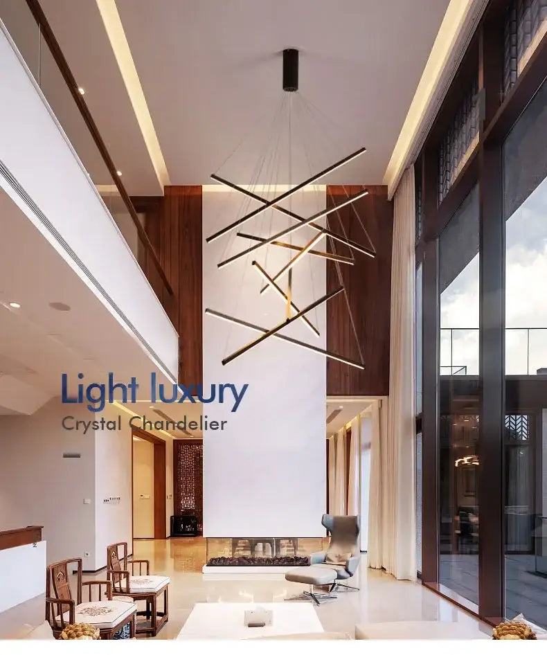 Modern black metal DecorBites™ LED stair ceiling chandelier with intersecting geometric rods for stair ceiling use