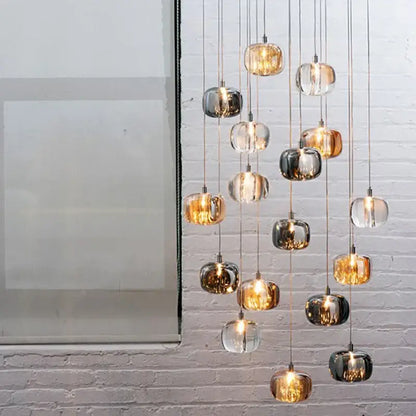 Modern decorbites led stair chandelier with amber crystal and mirrored glass globes suspended by metallic cords