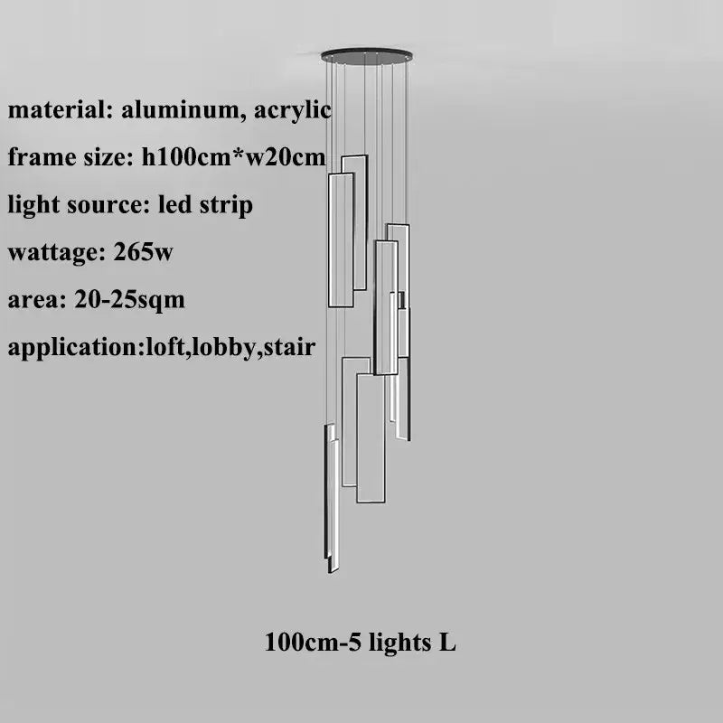 Modern minimalist decorbites led stair chandelier with aluminum frame and five vertical led strip lights for loft spaces