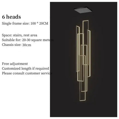 Modern gold-toned decorbites led stair chandelier with six illuminated rectangular frames for luxury loft lighting