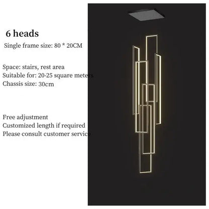 Modern geometric decorbites led stair chandelier with six warm golden rectangular frames for luxury loft lighting