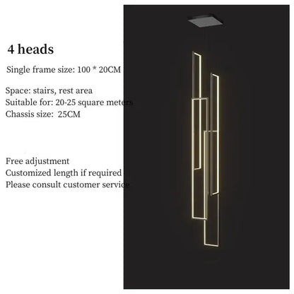 Modern geometric decorbites led stair chandelier with four warm golden illuminated rectangular frames for luxury living