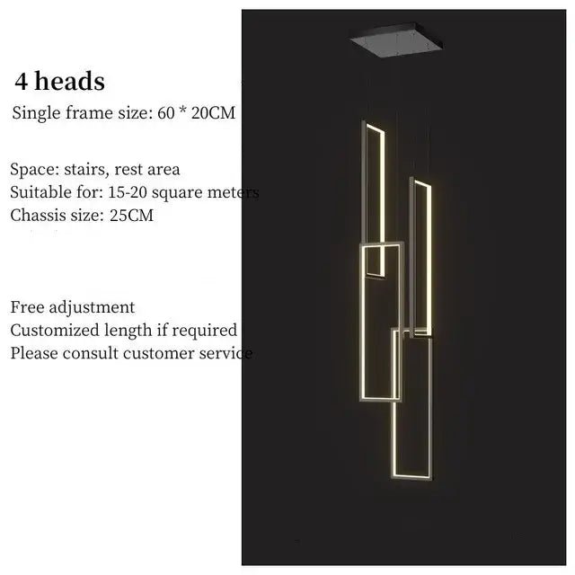 Modern geometric decorbites led stair chandelier with four warm golden rectangular frames and black ceiling mount
