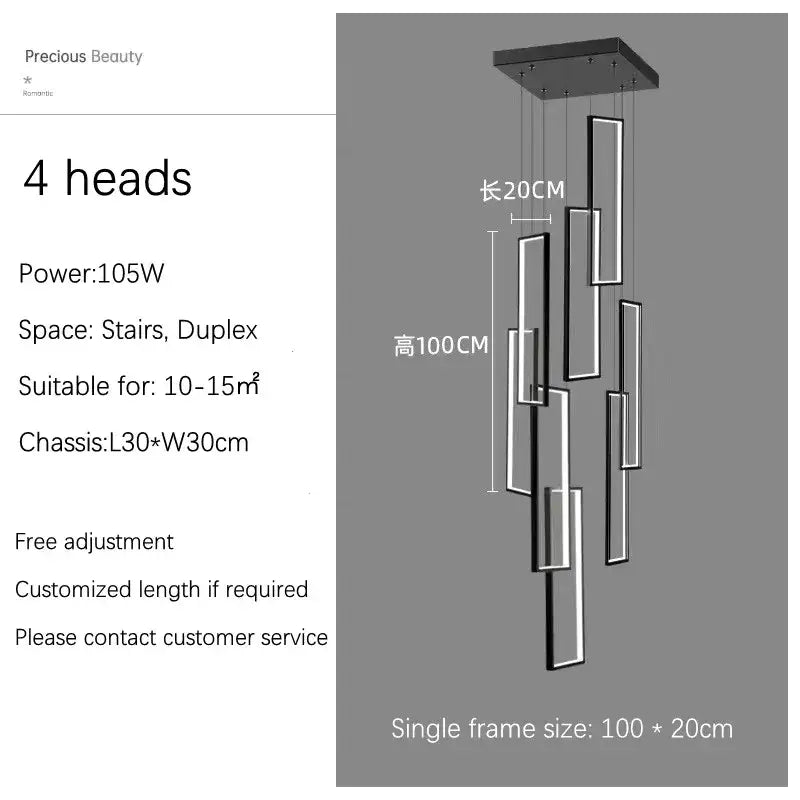 Modern black rectangular decorbites led stair chandelier with four vertical light panels and square ceiling mount
