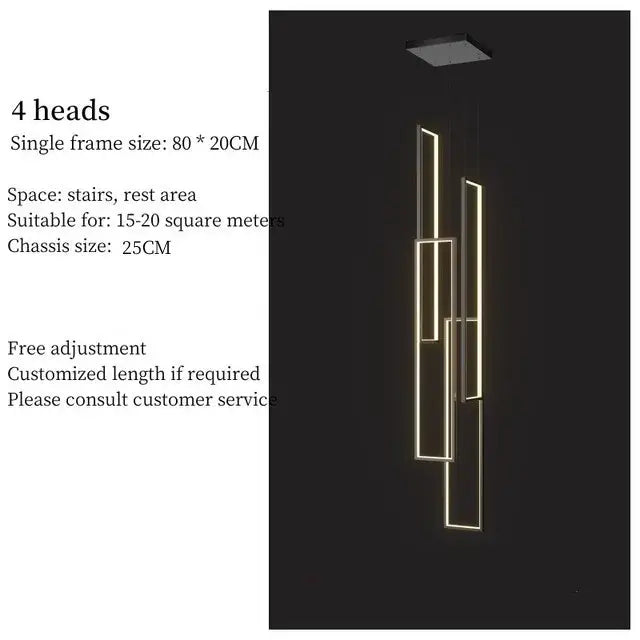 Modern geometric decorbites led stair chandelier with four warm gold rectangular frames for luxury loft lighting