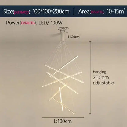 Modern white led stair chandelier with intersecting geometric rods and adjustable height by decorbites led stair