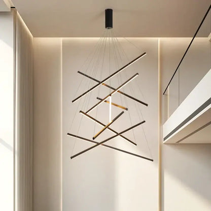 Modern geometric black and gold decorbites led stair chandelier with intersecting rods for villa hall and hotel decor