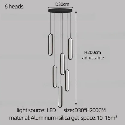 Modern black decorbites led staircase branch chandelier with six cylindrical led heads on adjustable aluminum base