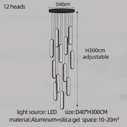Modern minimalist decorbites led staircase branch chandelier with 12 cylindrical led lights and aluminum base for living rooms