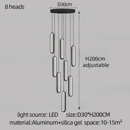 Decorbites led staircase branch chandelier with eight cylindrical led lights and aluminum base for modern living rooms