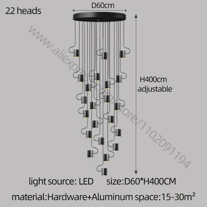 Black modern decorbites led staircase chandelier with 22 led heads and circular aluminum base for villa decoration