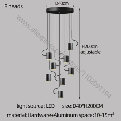 Black modern metal decorbites led staircase chandelier with eight cylindrical led heads for villa living room lighting