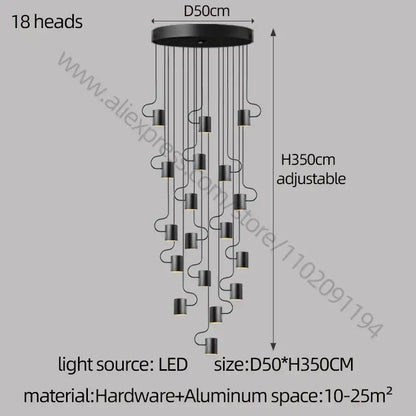 Black decorbites led staircase chandelier with 18 led heads suspended from circular aluminum base for villa lighting