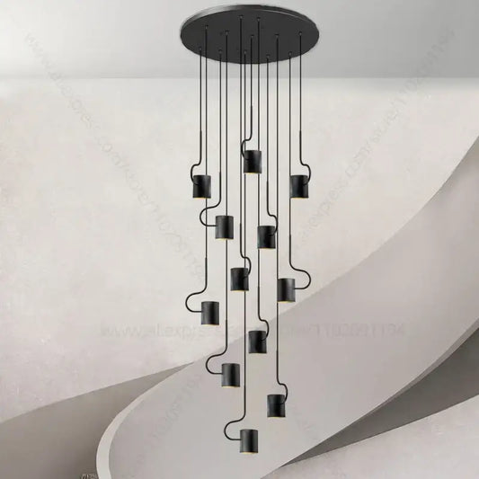Black decorbites led staircase chandelier with sleek curved metal arms and cylindrical lights for modern villa decor