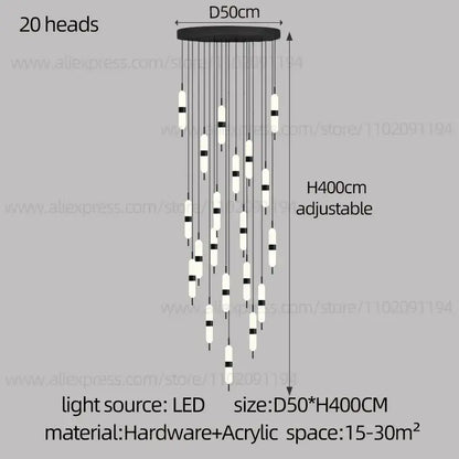 Black and white acrylic decorbites led staircase chandelier with 20 hanging lights for living room ceiling use