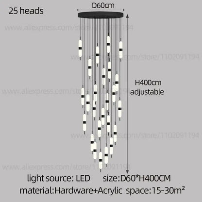 Black and white decorbites led staircase chandelier with 25 led light heads for staircase chandelier ceiling lighting