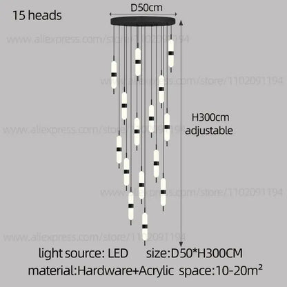 Decorbites led staircase chandelier black and white modern chandelier with 15 led light heads for ceiling lighting