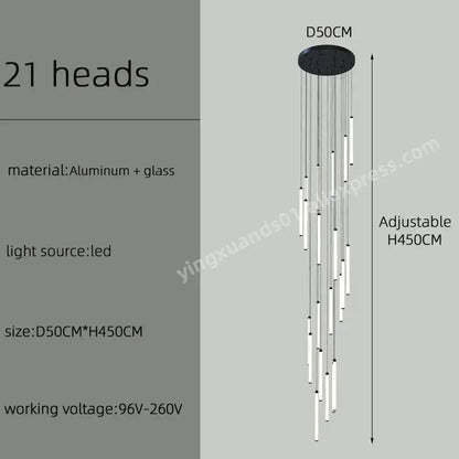 Modern minimalist decorbites led staircase chandelier with 21 white glass light heads on black aluminum base for hall lighting