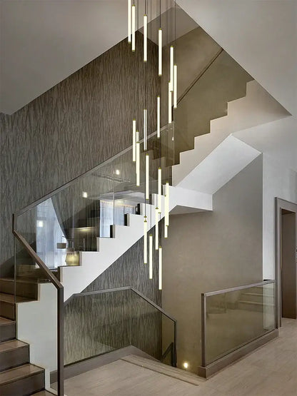 Modern minimalist decorbites led staircase chandelier with slender vertical cylindrical lights for home and hotel lighting