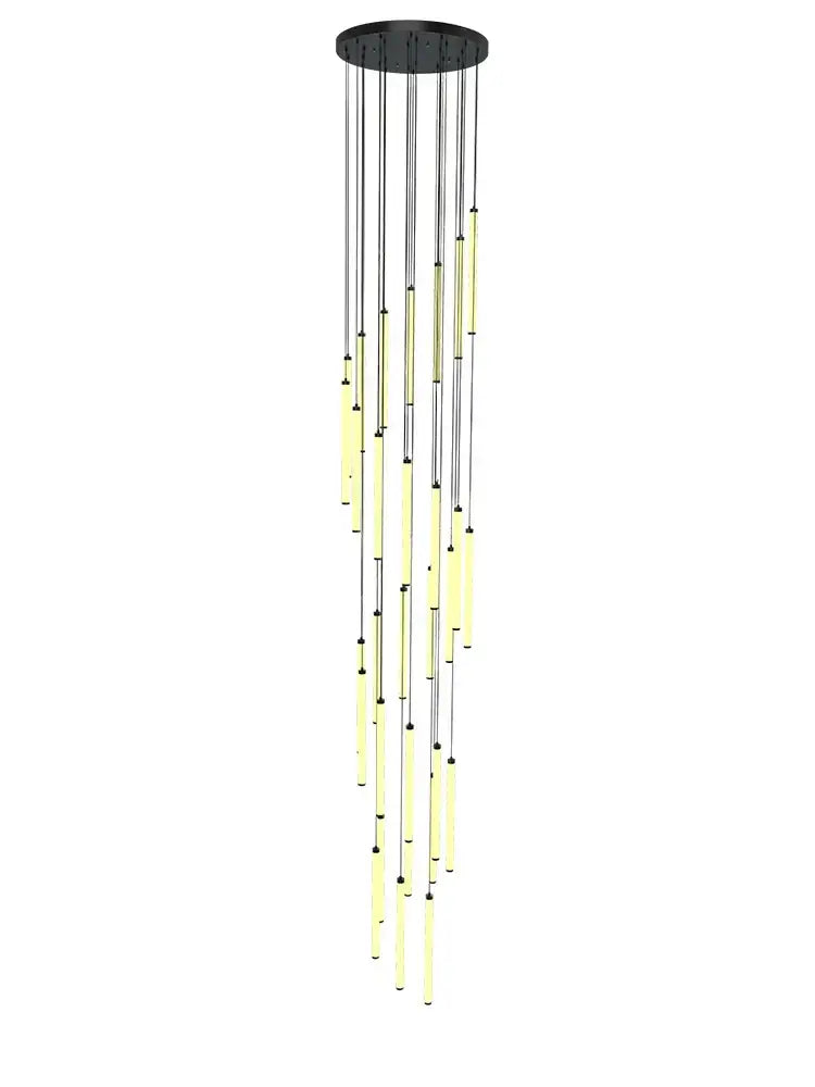 Modern black circular decorbites led staircase chandelier with slender rods and glowing yellow cylindrical lights for halls