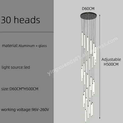 Modern minimalist decorbites led staircase chandelier with 30 vertical led lights on aluminum glass base for home lighting