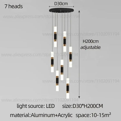 DecorBites™ modern led staircase chandelier with seven white acrylic cylindrical bulbs accented by black and gold bands