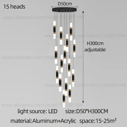 Modern black and white led staircase chandelier with 15 aluminum and acrylic cylindrical lights for duplex home lighting
