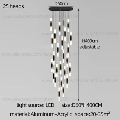 Black and white led staircase chandelier with 25 illuminated heads made of aluminum and acrylic for modern duplex homes