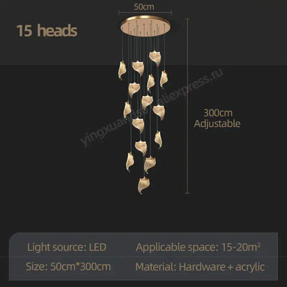 Decorbites led staircase chandelier with 15 gold-toned leaf-shaped acrylic lights for living and dining rooms