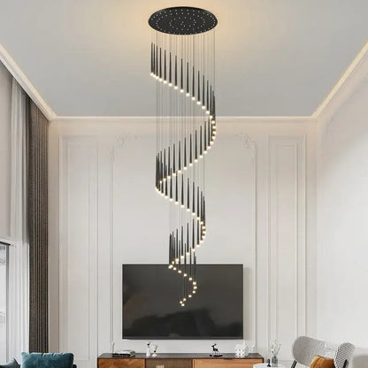Black spiral decorbites led staircase chandelier with circular top and glowing led lights for modern luxury spaces