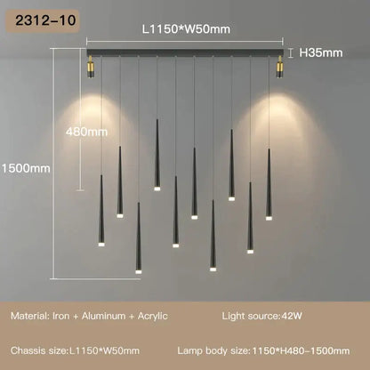 Modern black DecorBites led staircase chandelier with slender acrylic lamps suspended from matte iron and aluminum chassis