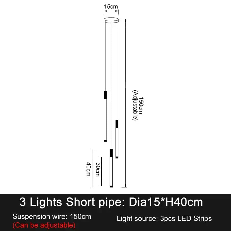 Adjustable 3-light led staircase chandelier with sleek cylindrical design and slim pipe fixture for modern luxury lighting