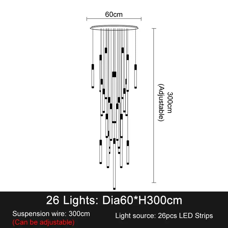 Modern black and white led staircase chandelier with 26 lights and adjustable height up to 300cm for luxury lighting