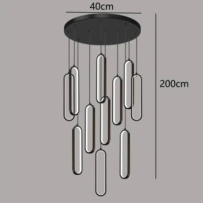 Modern black circular decorbites led staircase pendant light with multiple hanging rectangular led staircase chandeliers bars