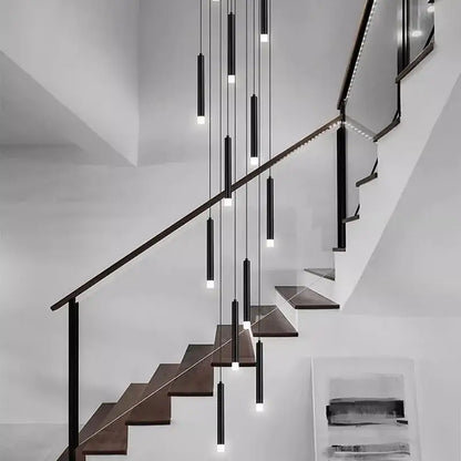 Modern black cylindrical decorbites led staircase chandeliers hang in cascading arrangement for living room decor