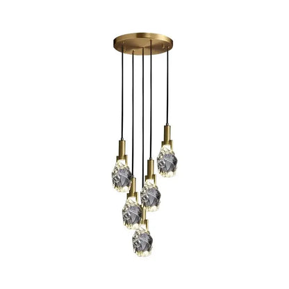 Brass-finished decorbites led staircase pendant light with five faceted crystal glass lights for modern indoor use