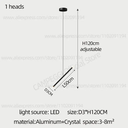 Black decorbites led staircase pendant chandelier with minimalist aluminum rod and crystal accent, adjustable to 120cm height