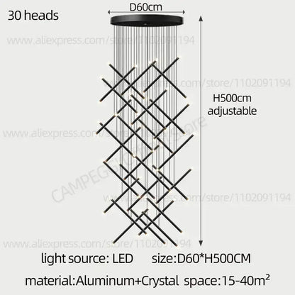 Black modern decorbites led staircase pendant chandelier with 30 led lights, aluminum rods, and crystal accents for restaurants