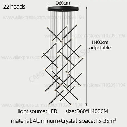Black decorbites led staircase pendant chandelier with 22 leds in geometric pattern, made of aluminum and crystal