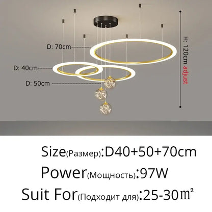 Modern tiered decorbites led star chandelier with concentric gold and white rings and crystal spheres for living room decor