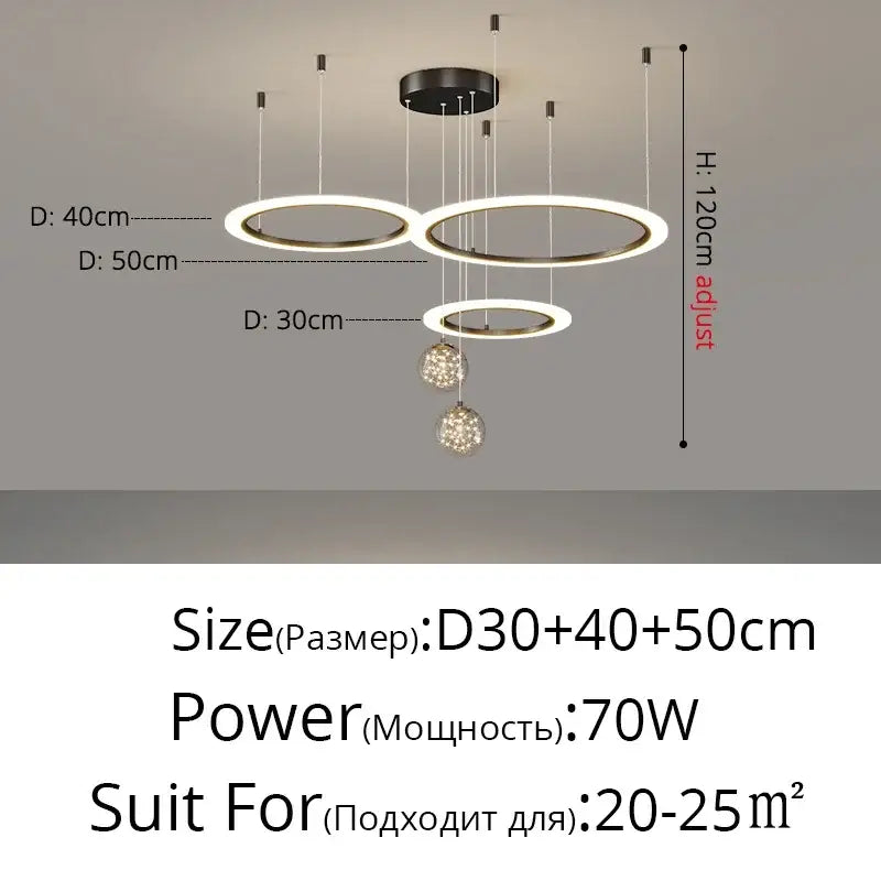 Modern black decorbites led star chandelier featuring three adjustable rings and two crystal spheres for living room decor