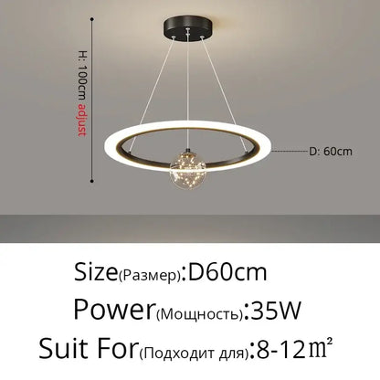 Modern black and white circular pendant led star chandelier by decorbites with central glass globe and internal led lights