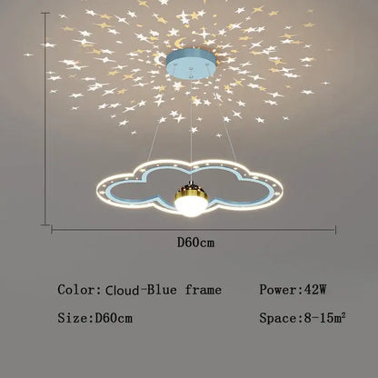 DecorBites led star chandelier cloud-shaped ceiling light with blue frame and golden bulb projecting starry patterns