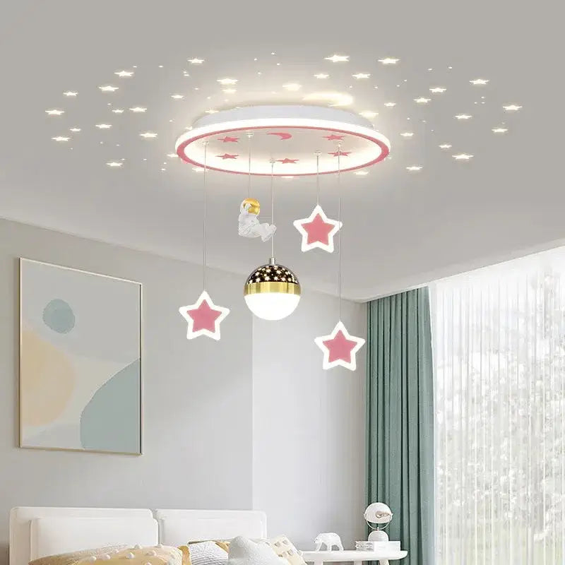 Round decorbites led star chandelier with white and pink rim and hanging pink and gold star decorations for kids room lighting