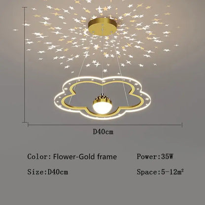 Gold cloud-shaped decorbites led star chandelier with glowing starry pattern projection for kids bedroom lighting