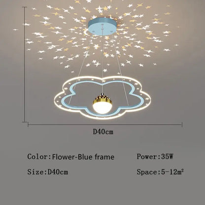 DecorBites led star chandelier featuring a flower-blue cloud shape with glowing gold bulb and starry projection for kids rooms