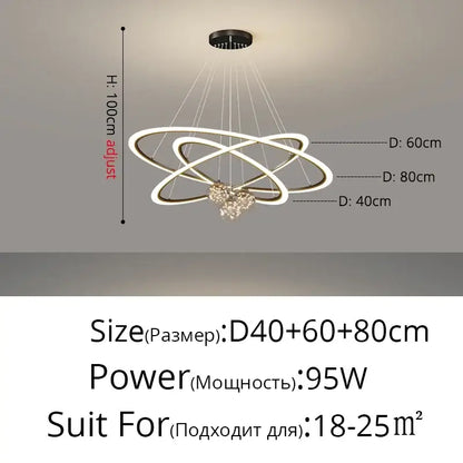 Modern minimalist decorbites led star chandelier with three white interlocking rings and central crystal pendant for living room decor