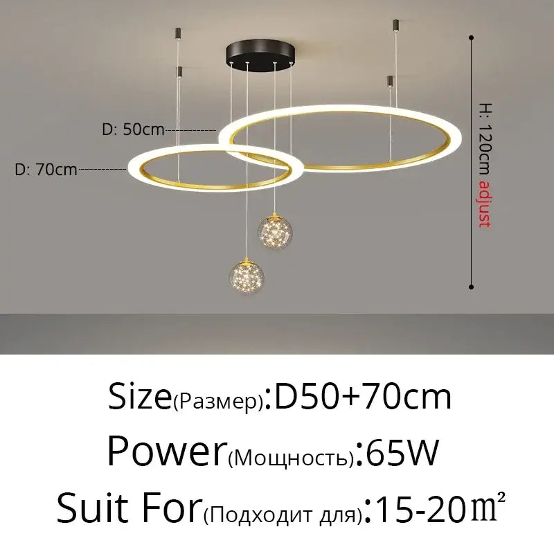Modern two-tiered circular decorbites led star chandelier with gold white rings and crystal spherical pendants for living room decor